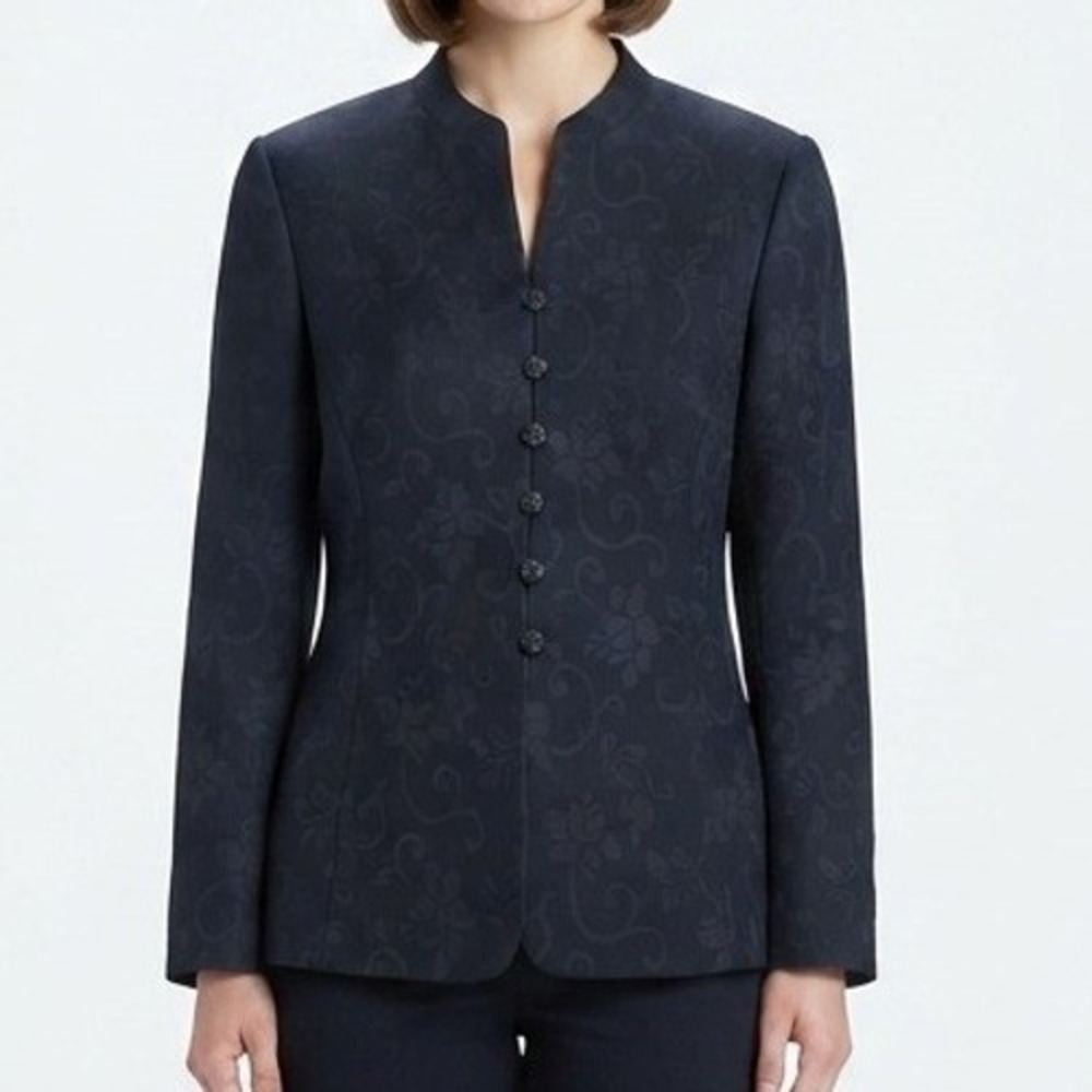 Le Suit Blazer Jacket Womens 16 Navy Blue Jacquard Floral Mandarin Collar Button